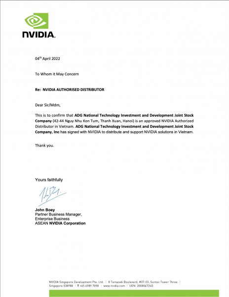 NVIDIA – Distributor Authorize Letter for ADG